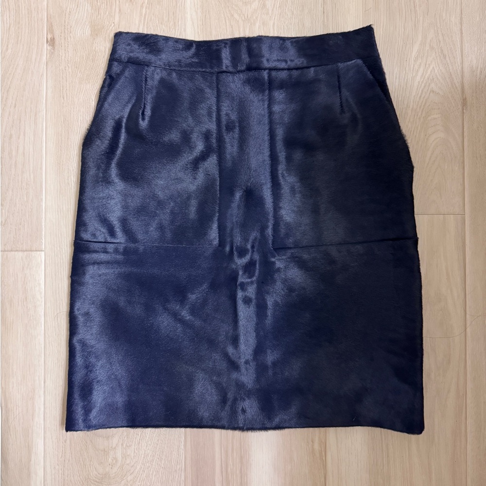 NWOT Pringle of Scotland Midnight Blue Genuine Leather Calf Hair Skirt Size 4